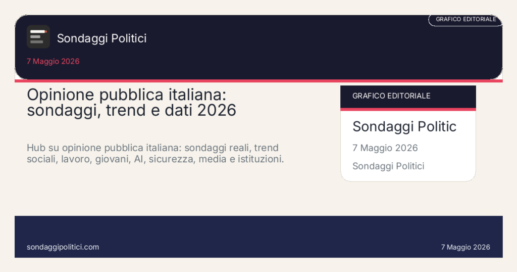 Card editoriale: Opinione pubblica italiana: sondaggi, trend e dati 2026. Hub su opinione pubblica italiana: sondaggi reali, trend sociali, lavoro, giovani, AI, sicurezza, media e istituzioni.