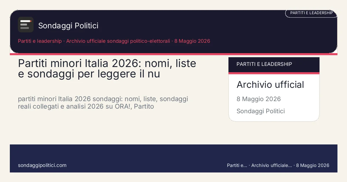 Card editoriale Istituti citati nelle fonti esterne: Partiti minori Italia 2026: nomi, liste e sondaggi per leggere il nu. partiti minori Italia 2026 sondaggi: nomi, liste, sondaggi reali collegati e analisi 2026 su ORA!, Partito Liberaldemocratico e +Europa.. Scenario AI non demoscopico: non misura intenzioni di voto.