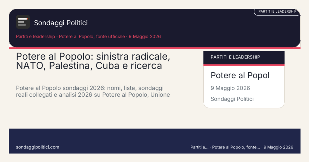 Card editoriale Istituti citati nelle fonti esterne: Potere al Popolo: sinistra radicale, NATO, Palestina, Cuba e ricerca. Potere al Popolo sondaggi 2026: nomi, liste, sondaggi reali collegati e analisi 2026 su Potere al Popolo, Unione Popolare e Democrazia Sovrana e Popol. Scenario AI non demoscopico: non misura intenzioni di voto.