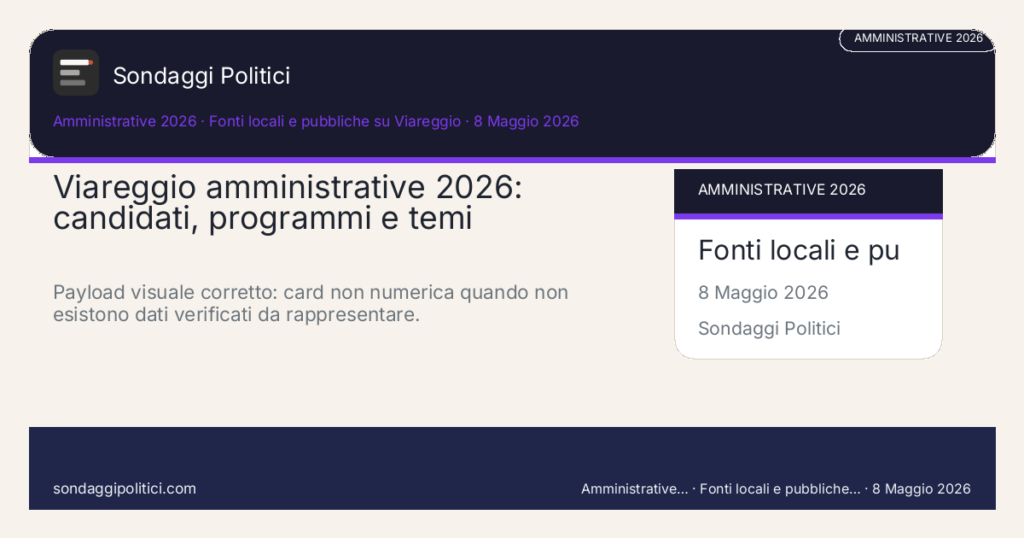 Card scenario AI non demoscopico Fonti locali e pubbliche su Viareggio Mappa editoriale senza percentuali ai candidati e senza previsione del risultato.: Viareggio amministrative 2026: candidati, programmi e temi decisivi. Payload visuale corretto: card non numerica quando non esistono dati verificati da rappresentare.. Scenario AI non demoscopico: non è un sondaggio, non misura intenzioni di voto e non costituisce pronostico.