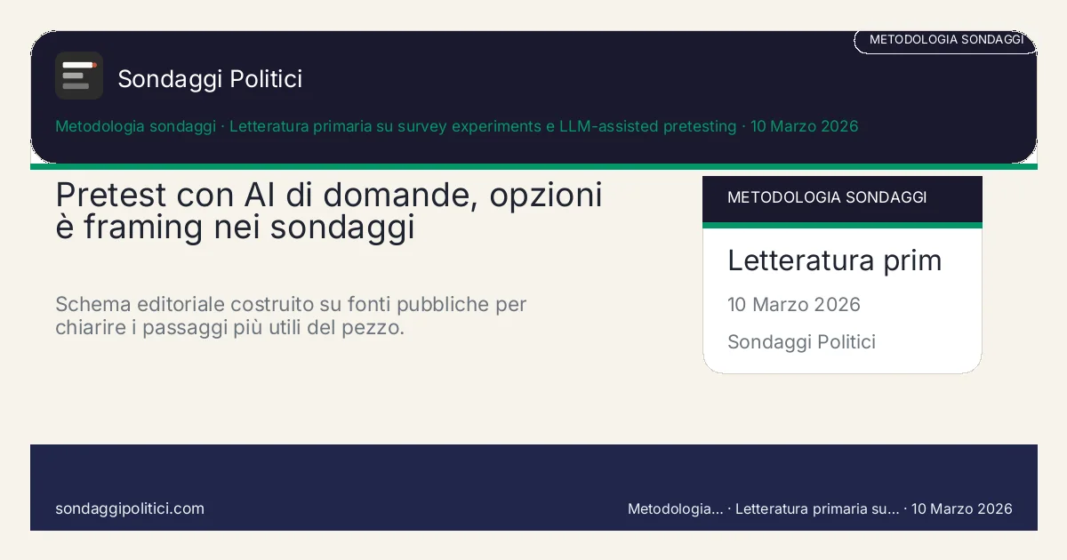 Card editoriale Letteratura primaria su survey experiments e LLM-assisted pretesting I 4 punti chiave del pezzo: Pretest con AI di domande, opzioni è framing nei sondaggi. Schema editoriale costruito su fonti pubbliche per chiarire i passaggi più utili del pezzo.. Analisi editoriale: questo visual non rappresenta una rilevazione campionaria del sito.