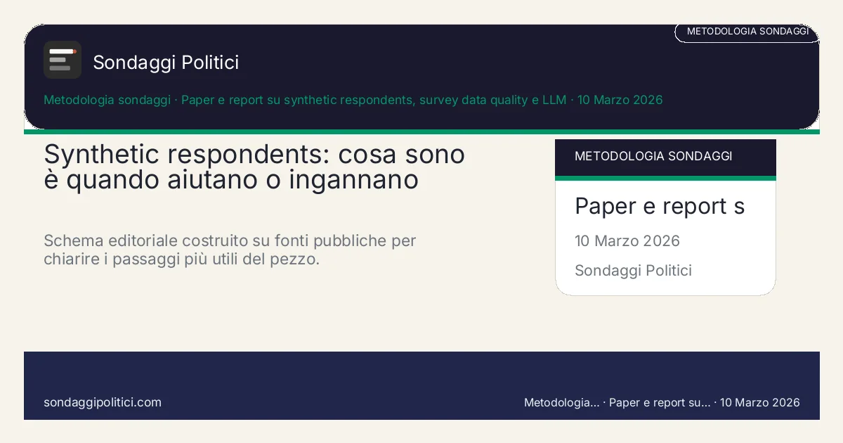 Card editoriale Paper e report su synthetic respondents, survey data quality e LLM I 4 punti chiave del pezzo: Synthetic respondents: cosa sono è quando aiutano o ingannano. Schema editoriale costruito su fonti pubbliche per chiarire i passaggi più utili del pezzo.. Analisi editoriale: questo visual non rappresenta una rilevazione campionaria del sito.