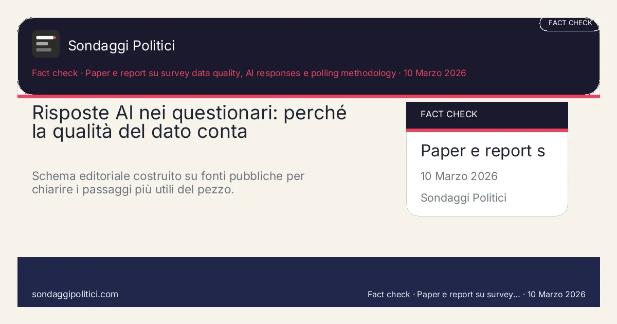 Card editoriale Paper e report su survey data quality, AI responses e polling methodology I 4 punti chiave del pezzo: Risposte AI nei questionari: perché la qualità del dato conta. Schema editoriale costruito su fonti pubbliche per chiarire i passaggi più utili del pezzo.. Analisi editoriale: questo visual non rappresenta una rilevazione campionaria del sito.