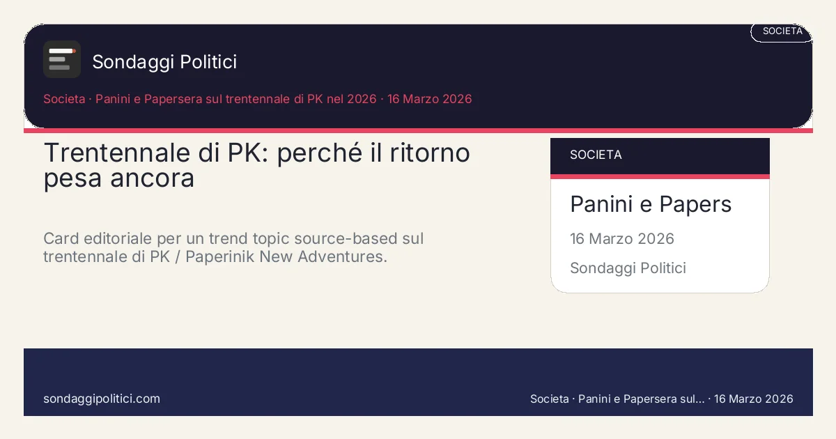 Card editoriale Panini e Papersera sul trentennale di PK nel 2026 Memoria, rilancio editoriale, curiosita: Trentennale di PK: perché il ritorno pesa ancora. Card editoriale per un trend topic source-based sul trentennale di PK / Paperinik New Adventures.. Visual editoriale di supporto: non mostra un nuovo sondaggio ma sintetizza fonti ufficiali e criteri di lettura del tema.