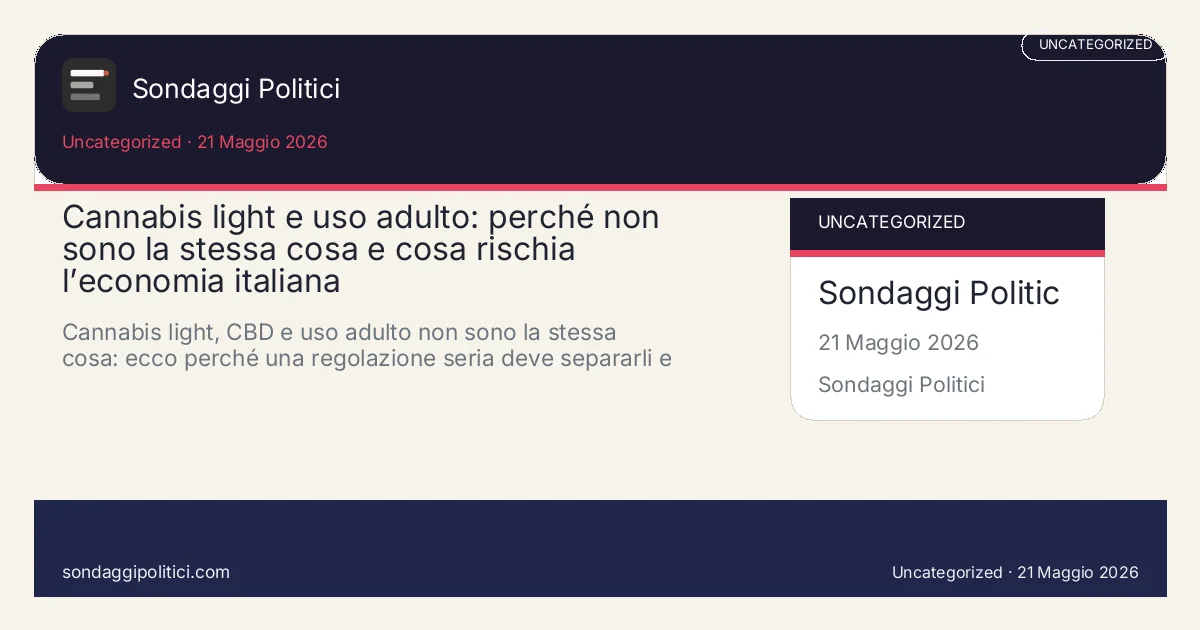 Card editoriale: Cannabis light e uso adulto: perché non sono la stessa cosa e cosa rischia l’economia italiana. Cannabis light, CBD e uso adulto non sono la stessa cosa: ecco perché una regolazione seria deve separarli e tutelare la filiera.