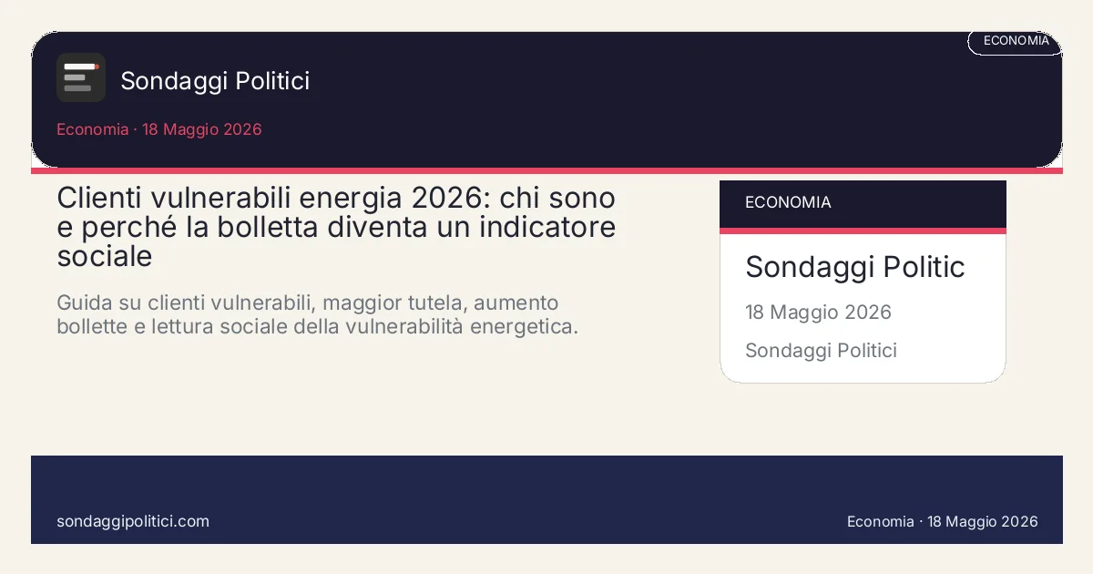 Card editoriale: Clienti vulnerabili energia 2026: chi sono e perché la bolletta diventa un indicatore sociale. Guida su clienti vulnerabili, maggior tutela, aumento bollette e lettura sociale della vulnerabilità energetica.