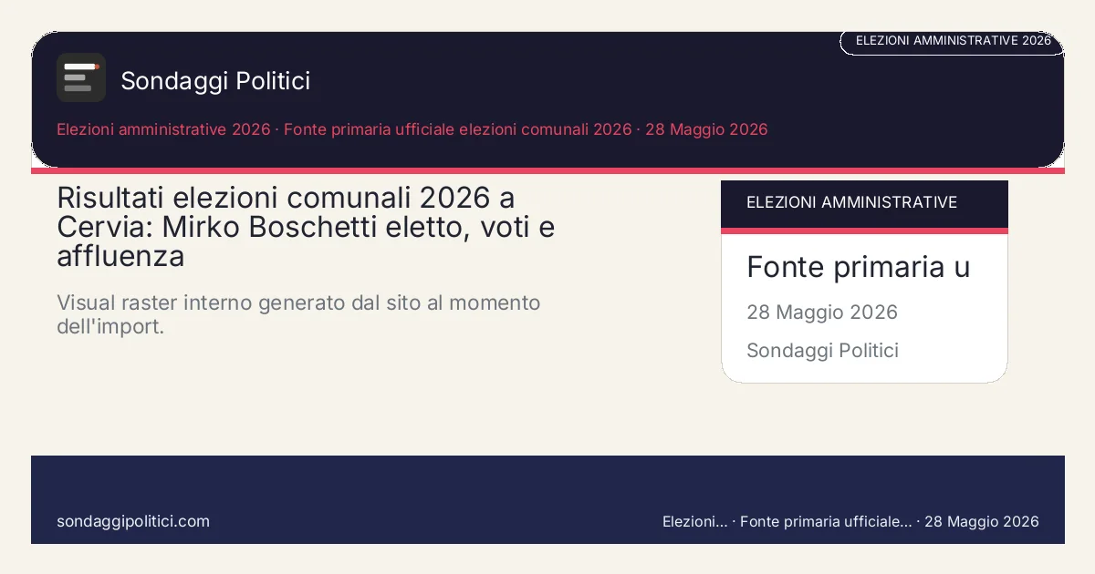 Card editoriale Fonte primaria ufficiale elezioni comunali 2026 Scheda editoriale con fonte, metodo, tabella e FAQ: Risultati elezioni comunali 2026 a Cervia: Mirko Boschetti eletto, voti e affluenza. Visual raster interno generato dal sito al momento dell'import.. Immagine editoriale interna, senza media esterni copiati.