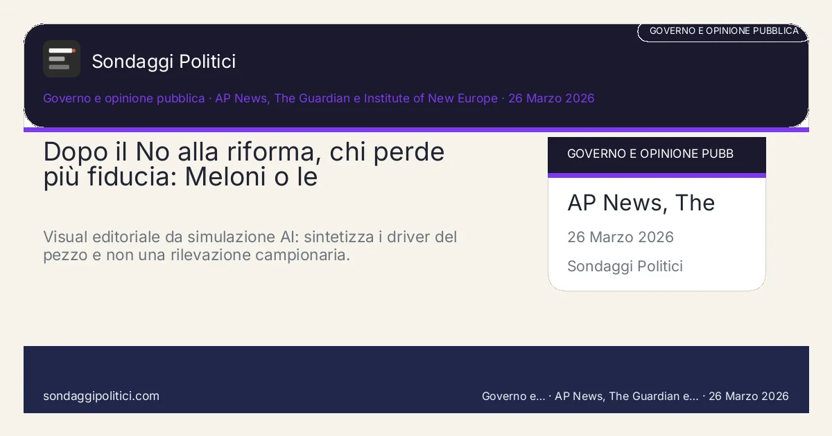 Card scenario AI non demoscopico AP News, The Guardian e Institute of New Europe Scenari e nodi politici del pezzo: Dopo il No alla riforma, chi perde più fiducia: Meloni o le. Visual editoriale da simulazione AI: sintetizza i driver del pezzo e non una rilevazione campionaria.. Non è un sondaggio: nessuna intervista, nessun campione umano contattato, solo scenario dichiarato.