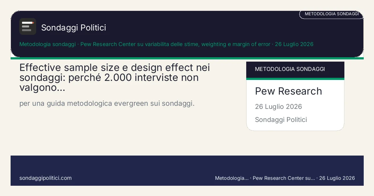 Card editoriale Pew Research Center su variabilita delle stime, weighting e margin of error Metodo, limiti e controlli pratici: Effective sample size e design effect nei sondaggi: perché 2.000 interviste non valgono…. per una guida metodologica evergreen sui sondaggi.. Guida source-based: non è un nuovo sondaggio e non sostituisce una rilevazione reale.