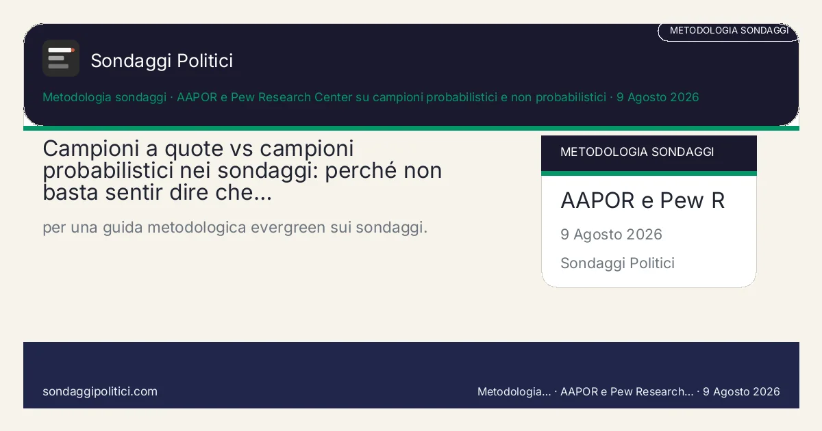 Card editoriale AAPOR e Pew Research Center su campioni probabilistici e non probabilistici Metodo, limiti e controlli pratici: Campioni a quote vs campioni probabilistici nei sondaggi: perché non basta sentir dire che…. per una guida metodologica evergreen sui sondaggi.. Guida source-based: non è un nuovo sondaggio e non sostituisce una rilevazione reale.