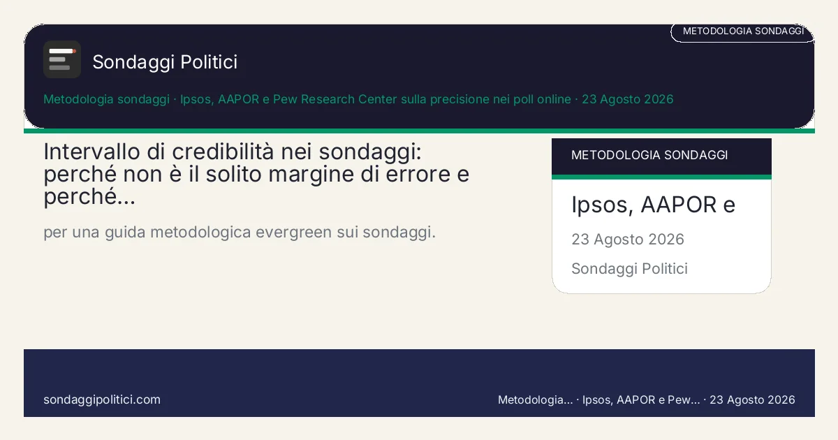 Card editoriale Ipsos, AAPOR e Pew Research Center sulla precisione nei poll online Metodo, limiti e controlli pratici: Intervallo di credibilità nei sondaggi: perché non è il solito margine di errore e perché…. per una guida metodologica evergreen sui sondaggi.. Guida source-based: non è un nuovo sondaggio e non sostituisce una rilevazione reale.