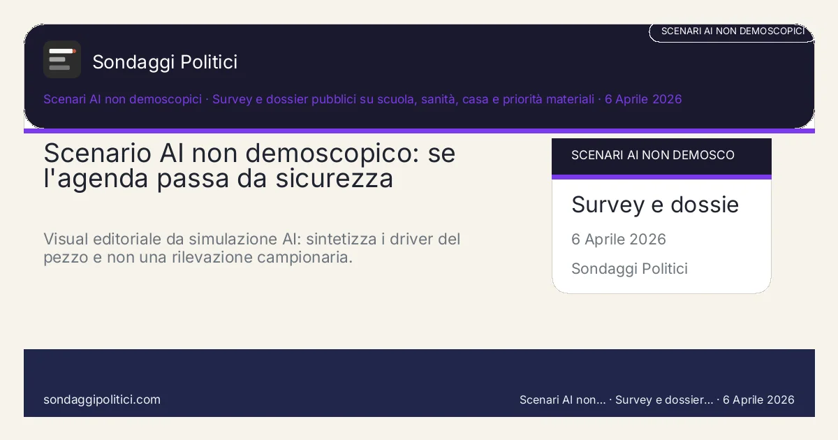 Card scenario AI non demoscopico Survey e dossier pubblici su scuola, sanità, casa e priorità materiali Scenari e nodi politici del pezzo: Scenario AI non demoscopico: se l'agenda passa da sicurezza simbolica a. Visual editoriale da simulazione AI: sintetizza i driver del pezzo e non una rilevazione campionaria.. Non è un sondaggio: nessuna intervista, nessun campione umano contattato, solo scenario dichiarato.