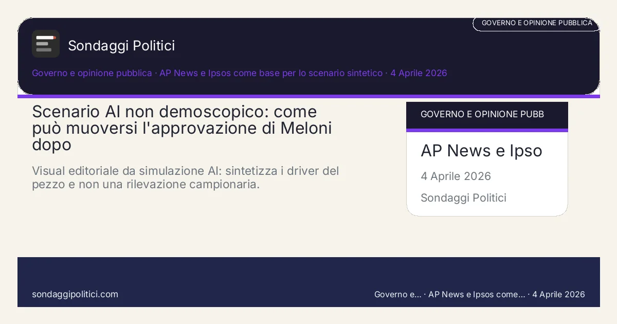 Card scenario AI non demoscopico AP News e Ipsos come base per lo scenario sintetico Scenari e nodi politici del pezzo: Scenario AI non demoscopico: come può muoversi l'approvazione di Meloni dopo. Visual editoriale da simulazione AI: sintetizza i driver del pezzo e non una rilevazione campionaria.. Non è un sondaggio: nessuna intervista, nessun campione umano contattato, solo scenario dichiarato.