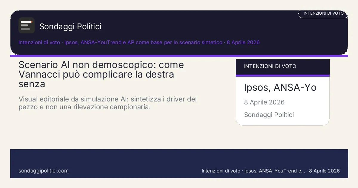 Card scenario AI non demoscopico Ipsos, ANSA-YouTrend e AP come base per lo scenario sintetico Scenari e nodi politici del pezzo: Scenario AI non demoscopico: come Vannacci può complicare la destra senza. Visual editoriale da simulazione AI: sintetizza i driver del pezzo e non una rilevazione campionaria.. Non è un sondaggio: nessuna intervista, nessun campione umano contattato, solo scenario dichiarato.