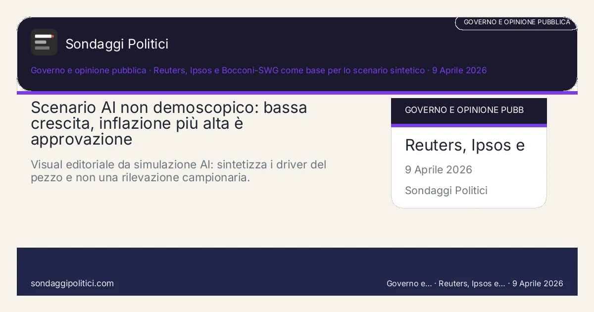 Card scenario AI non demoscopico Reuters, Ipsos e Bocconi-SWG come base per lo scenario sintetico Scenari e nodi politici del pezzo: Scenario AI non demoscopico: bassa crescita, inflazione più alta è approvazione. Visual editoriale da simulazione AI: sintetizza i driver del pezzo e non una rilevazione campionaria.. Non è un sondaggio: nessuna intervista, nessun campione umano contattato, solo scenario dichiarato.