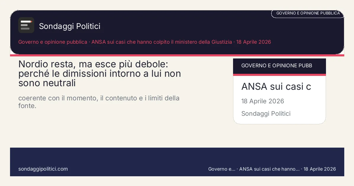 Card editoriale ANSA sui casi che hanno colpito il ministero della Giustizia Contesto, domanda politica e criteri di lettura: Nordio resta, ma esce più debole: perché le dimissioni intorno a lui non sono neutrali. coerente con il momento, il contenuto e i limiti della fonte.. Contenuto source-based: leggere sempre insieme a fonte primaria, metodo e limiti.