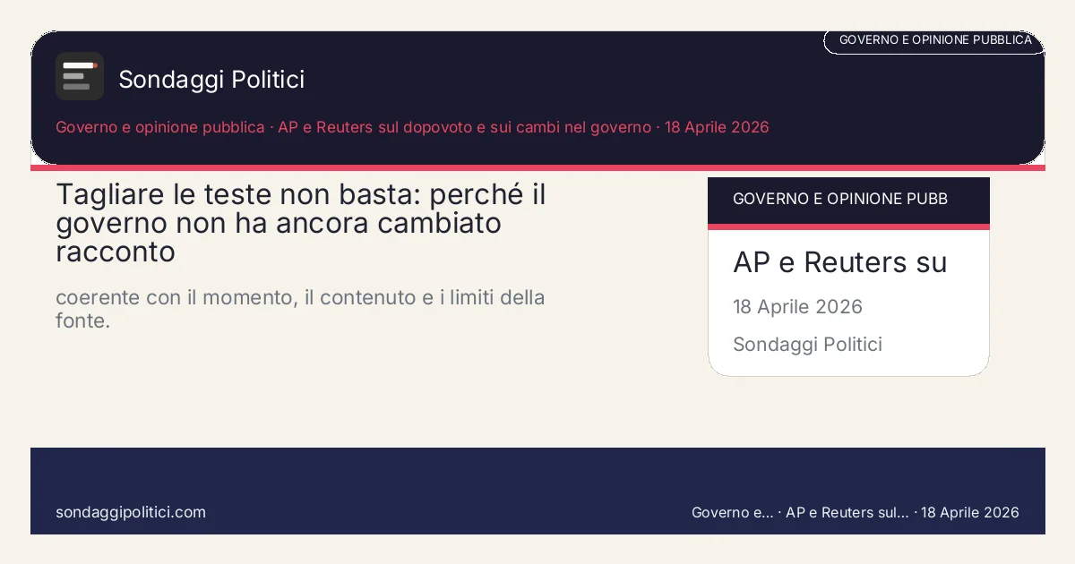 Card editoriale AP e Reuters sul dopovoto e sui cambi nel governo Contesto, domanda politica e criteri di lettura: Tagliare le teste non basta: perché il governo non ha ancora cambiato racconto. coerente con il momento, il contenuto e i limiti della fonte.. Contenuto source-based: leggere sempre insieme a fonte primaria, metodo e limiti.