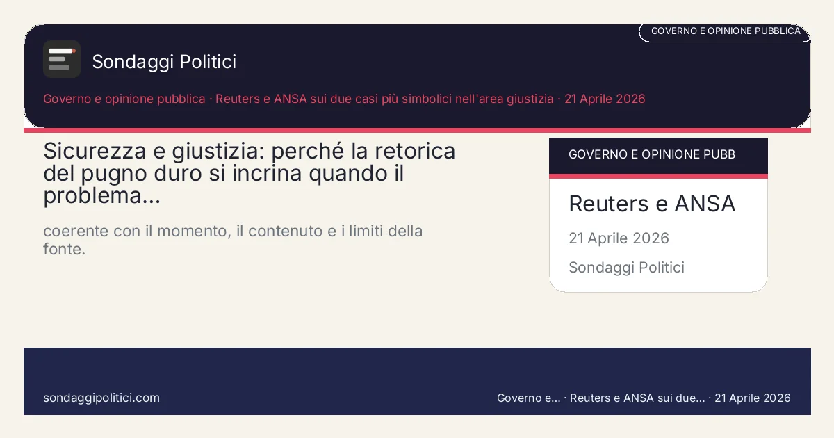 Card editoriale Reuters e ANSA sui due casi più simbolici nell'area giustizia Contesto, domanda politica e criteri di lettura: Sicurezza e giustizia: perché la retorica del pugno duro si incrina quando il problema…. coerente con il momento, il contenuto e i limiti della fonte.. Contenuto source-based: leggere sempre insieme a fonte primaria, metodo e limiti.