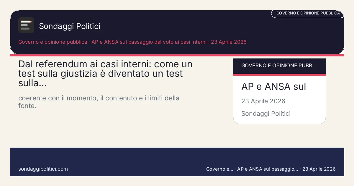 Card editoriale AP e ANSA sul passaggio dal voto ai casi interni Contesto, domanda politica e criteri di lettura: Dal referendum ai casi interni: come un test sulla giustizia è diventato un test sulla…. coerente con il momento, il contenuto e i limiti della fonte.. Contenuto source-based: leggere sempre insieme a fonte primaria, metodo e limiti.