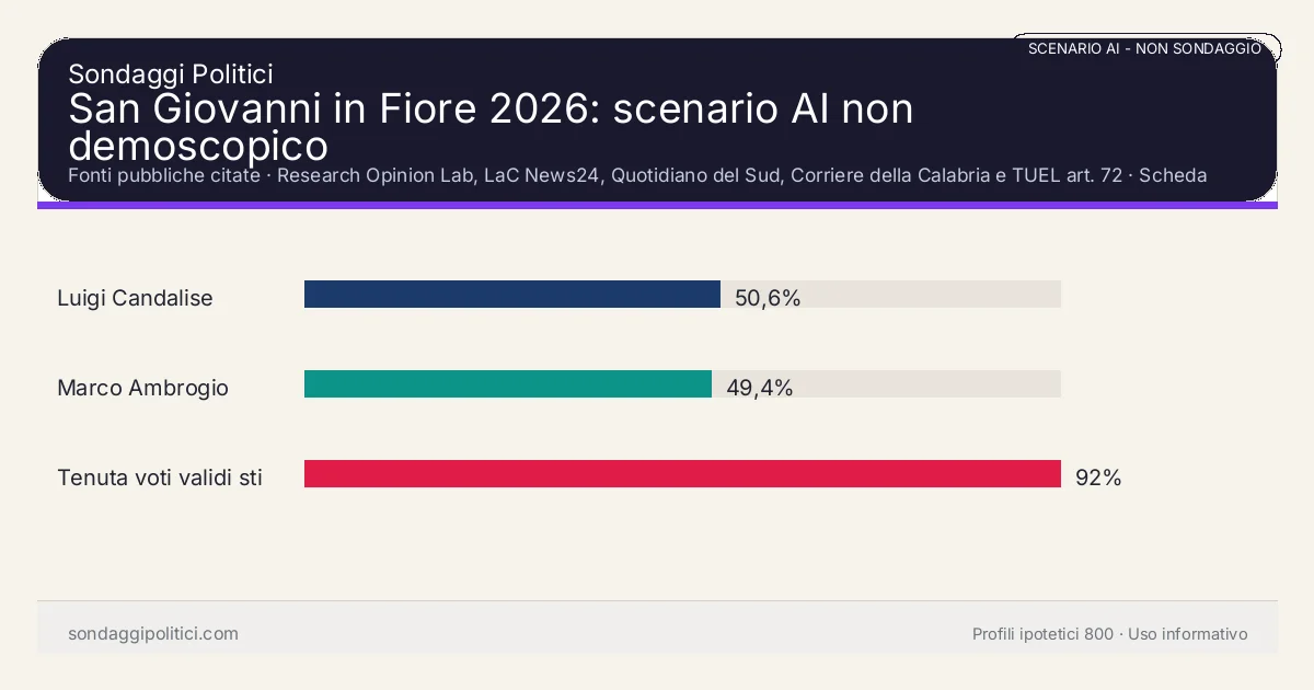 NON È UN SONDAGGIO Fonti pubbliche citate Scheda documentale senza percentuali di sondaggio.: San Giovanni in Fiore 2026: scenario AI non demoscopico. Risultati: Luigi Candalise 50,6%, Marco Ambrogio 49,4%, Tenuta voti validi stimata 92%. Scenario AI non demoscopico: percentuali sintetiche, non sondaggio reale e non previsione elettorale.
