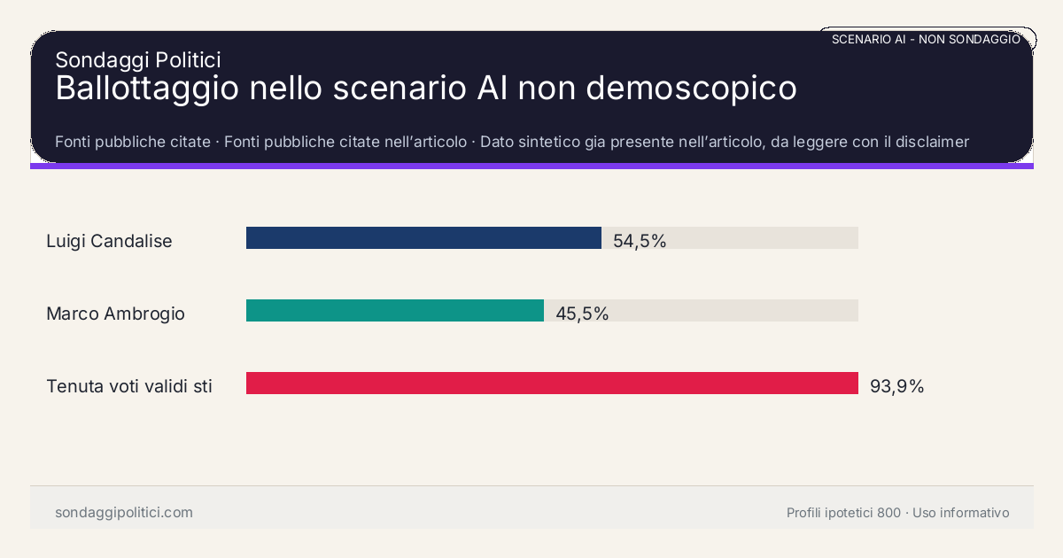 NON È UN SONDAGGIO Fonti pubbliche citate Dato sintetico gia presente nell’articolo, da leggere con il disclaimer dello scenario.: Ballottaggio nello scenario AI non demoscopico. Risultati: Luigi Candalise 54,5%, Marco Ambrogio 45,5%, Tenuta voti validi stimata 93,9%. Scenario AI non demoscopico: non misura intenzioni di voto e non e una previsione elettorale.
