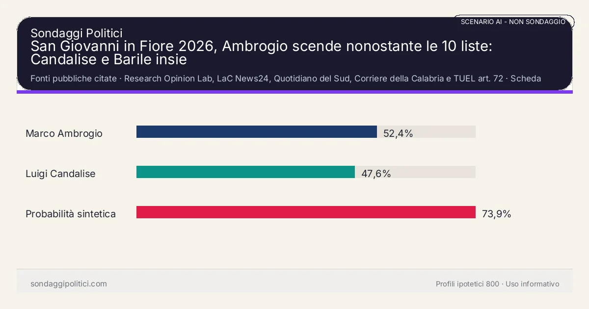 NON È UN SONDAGGIO Fonti pubbliche citate Scheda documentale senza percentuali di sondaggio.: San Giovanni in Fiore 2026, Ambrogio scende nonostante le 10 liste: Candalise e Barile insie. Risultati: Marco Ambrogio 52,4%, Luigi Candalise 47,6%, Probabilità sintetica di vittoria Ambrogio 73,9%. Scenario AI non demoscopico: percentuali sintetiche, non sondaggio reale e non previsione elettorale.
