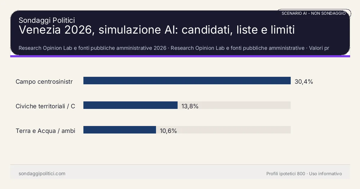 NON È UN SONDAGGIO Research Opinion Lab e fonti pubbliche amministrative 2026 Valori prodotti dal Research Opinion Lab e da leggere come scenario editoriale.: Venezia 2026, simulazione AI: candidati, liste e limiti. Risultati: Campo centrosinistra e progressista 30,4%, Civiche territoriali / Città Vive 13,8%, Terra e Acqua / ambientalisti 10,6%. Scenario AI non demoscopico basato su fonti pubbliche e revisione umana; non è un sondaggio, non misura intenzioni di voto reali e non è una previsione elettorale.