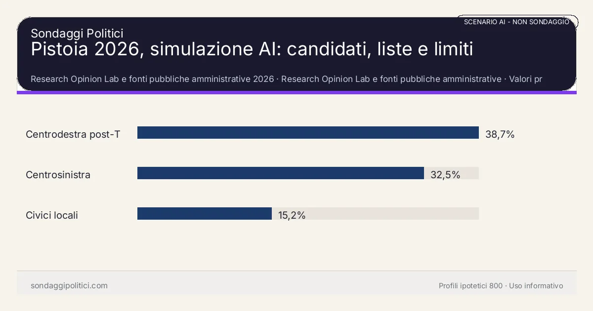 NON È UN SONDAGGIO Research Opinion Lab e fonti pubbliche amministrative 2026 Valori prodotti dal Research Opinion Lab e da leggere come scenario editoriale.: Pistoia 2026, simulazione AI: candidati, liste e limiti. Risultati: Centrodestra post-Tomasi 38,7%, Centrosinistra 32,5%, Civici locali 15,2%. Scenario AI non demoscopico basato su fonti pubbliche e revisione umana; non è un sondaggio, non misura intenzioni di voto reali e