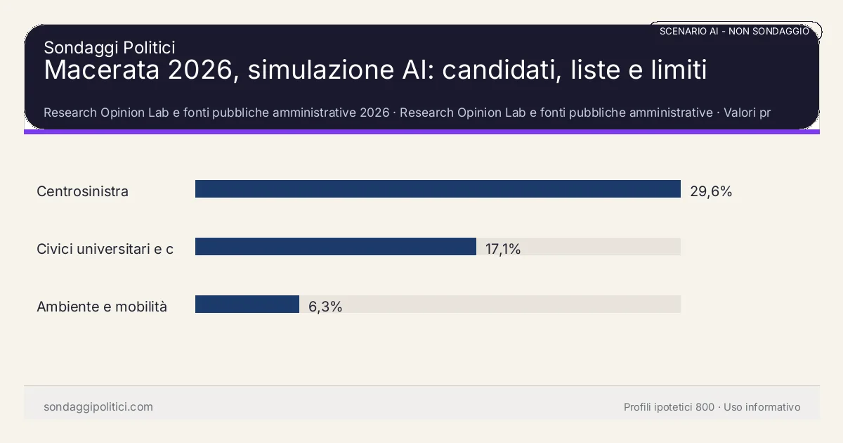 NON È UN SONDAGGIO Research Opinion Lab e fonti pubbliche amministrative 2026 Valori prodotti dal Research Opinion Lab e da leggere come scenario editoriale.: Macerata 2026, simulazione AI: candidati, liste e limiti. Risultati: Centrosinistra 29,6%, Civici universitari e città 17,1%, Ambiente e mobilità 6,3%. Scenario AI non demoscopico basato su fonti pubbliche e revisione umana; non è un sondaggio, non misura intenzioni di voto reali e non è una previsione elettorale.