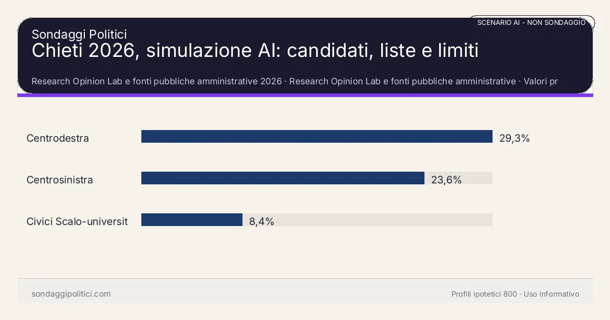 NON È UN SONDAGGIO Research Opinion Lab e fonti pubbliche amministrative 2026 Valori prodotti dal Research Opinion Lab e da leggere come scenario editoriale.: Chieti 2026, simulazione AI: candidati, liste e limiti. Risultati: Centrodestra 29,3%, Centrosinistra 23,6%, Civici Scalo-università 8,4%. Scenario AI non demoscopico basato su fonti pubbliche e revisione umana; non è un sondaggio, non misura intenzioni di voto reali e non è una previsione elettorale.