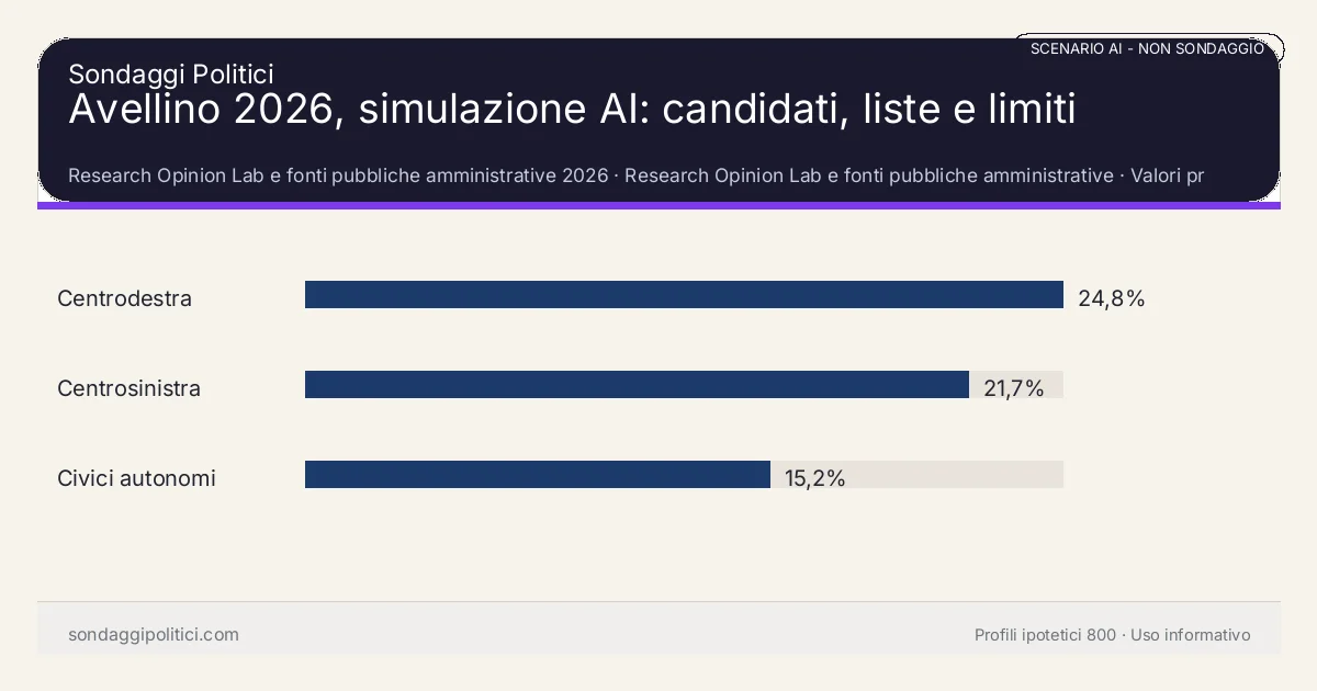 NON È UN SONDAGGIO Research Opinion Lab e fonti pubbliche amministrative 2026 Valori prodotti dal Research Opinion Lab e da leggere come scenario editoriale.: Avellino 2026, simulazione AI: candidati, liste e limiti. Risultati: Centrodestra 24,8%, Centrosinistra 21,7%, Civici autonomi 15,2%. Scenario AI non demoscopico basato su fonti pubbliche e revisione umana; non è un sondaggio, non misura intenzioni di voto reali e