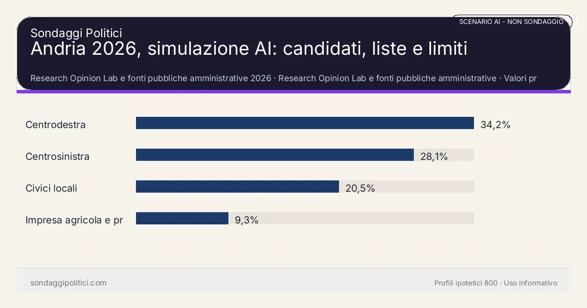 NON È UN SONDAGGIO Research Opinion Lab e fonti pubbliche amministrative 2026 Valori prodotti dal Research Opinion Lab e da leggere come scenario editoriale.: Andria 2026, simulazione AI: candidati, liste e limiti. Risultati: Centrodestra 34,2%, Centrosinistra 28,1%, Civici locali 20,5%. Scenario AI non demoscopico basato su fonti pubbliche e revisione umana; non è un sondaggio, non misura intenzioni di voto reali e
