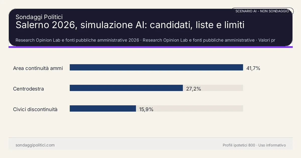 NON È UN SONDAGGIO Research Opinion Lab e fonti pubbliche amministrative 2026 Valori prodotti dal Research Opinion Lab e da leggere come scenario editoriale.: Salerno 2026, simulazione AI: candidati, liste e limiti. Risultati: Area continuità amministrativa 41,7%, Centrodestra 27,2%, Civici discontinuità 15,9%. Scenario AI non demoscopico basato su fonti pubbliche e revisione umana; non è un sondaggio, non misura intenzioni di voto reali e