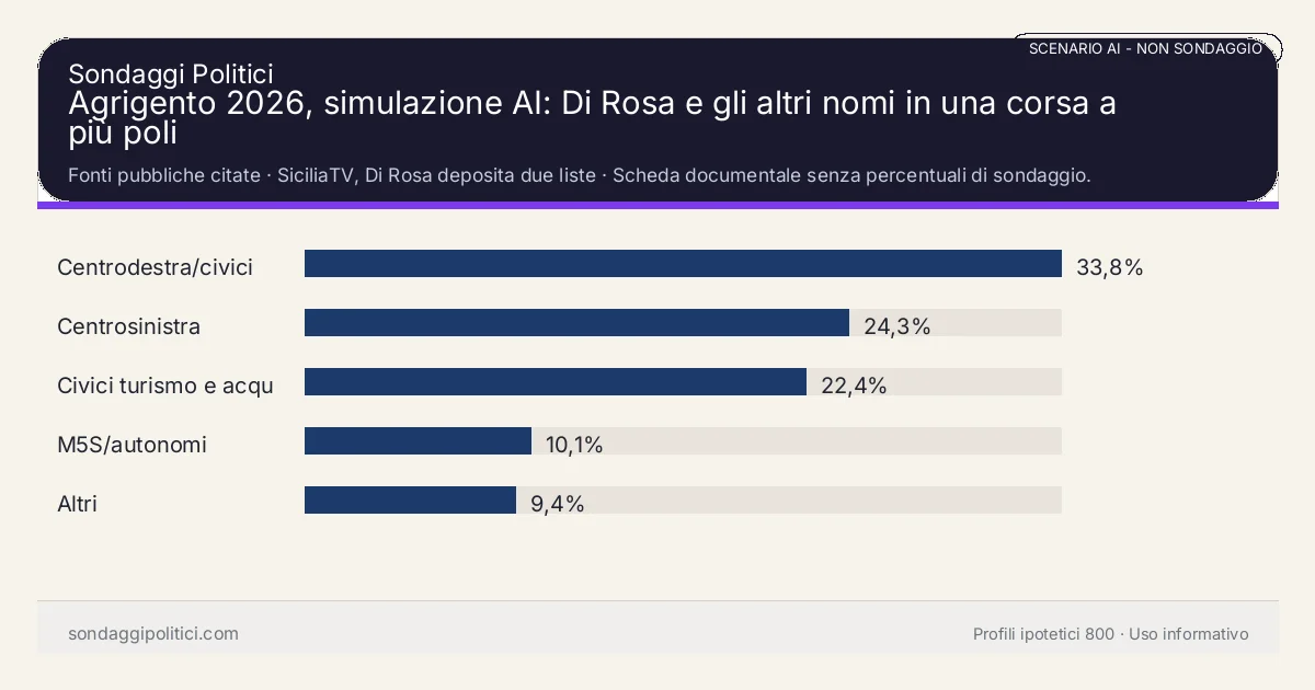 NON È UN SONDAGGIO Fonti pubbliche citate Scheda documentale senza percentuali di sondaggio.: Agrigento 2026, simulazione AI: Di Rosa e gli altri nomi in una corsa a più poli. Risultati: Centrodestra/civici 33,8%, Centrosinistra 24,3%, Civici turismo e acqua 22,4%. Scenario AI non demoscopico con revisione umana: usare come lettura di contesto, non come rilevazione.