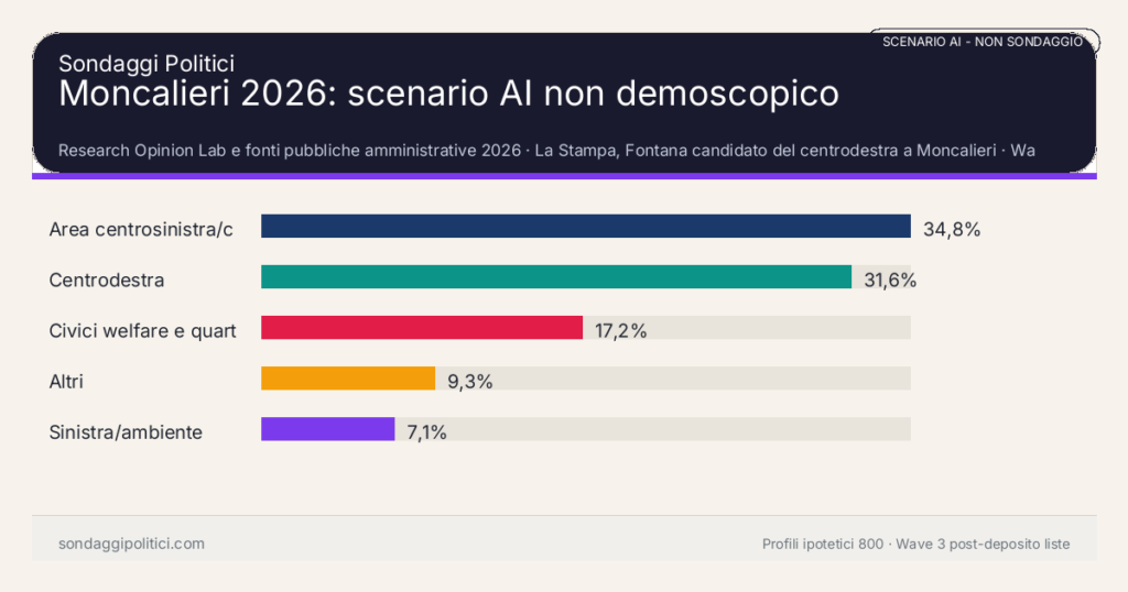NON È UN SONDAGGIO Research Opinion Lab e fonti pubbliche amministrative 2026 Wave 3 post-deposito liste: Moncalieri 2026: scenario AI non demoscopico. Risultati: Area centrosinistra/continuità civica 34,8%, Centrodestra 31,6%, Civici welfare e quartieri 17,2%. Scenario AI non demoscopico: non è un sondaggio, non misura intenzioni di voto e non costituisce pronostico.