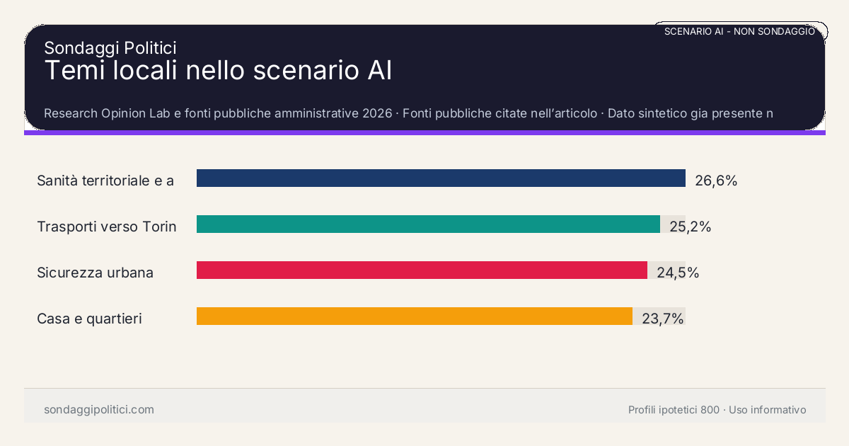 NON È UN SONDAGGIO Research Opinion Lab e fonti pubbliche amministrative 2026 Dato sintetico gia presente nell’articolo, da leggere con il disclaimer dello scenario.: Temi locali nello scenario AI. Risultati: Sanità territoriale e anziani 26,6%, Trasporti verso Torino 25,2%, Sicurezza urbana 24,5%. Scenario AI non demoscopico: non misura intenzioni di voto e non e una previsione elettorale.