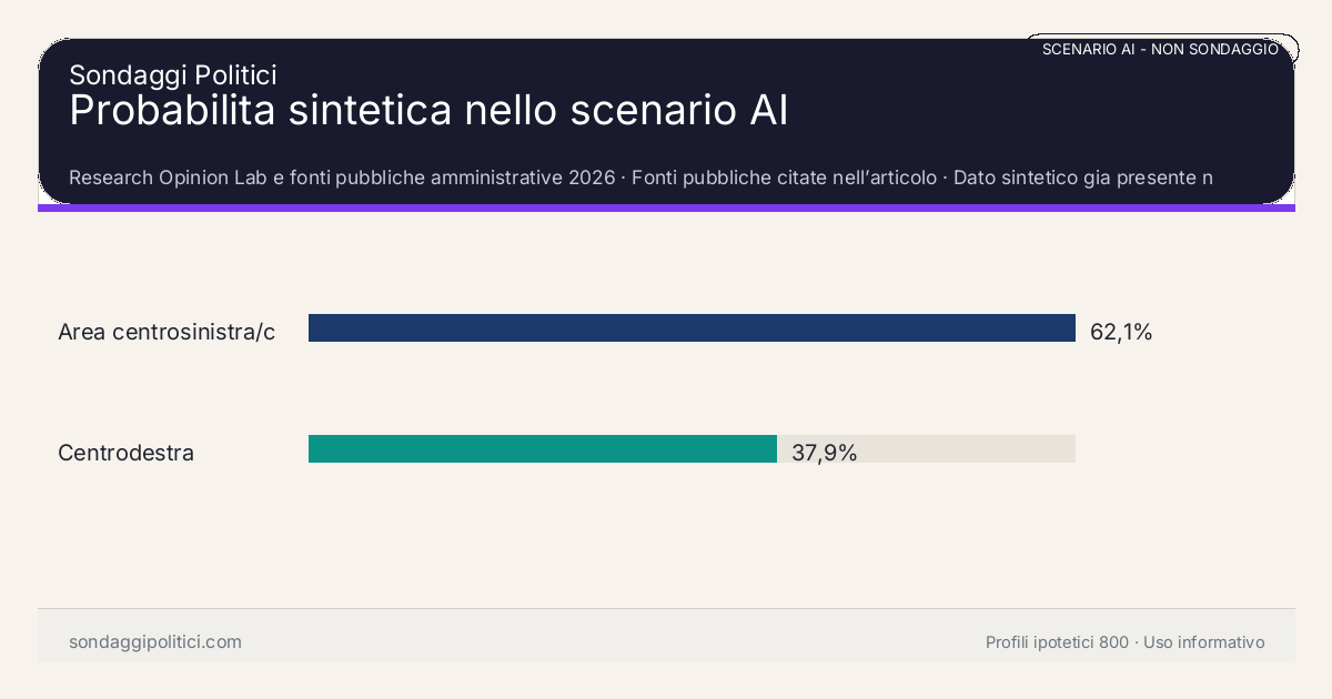 NON È UN SONDAGGIO Research Opinion Lab e fonti pubbliche amministrative 2026 Dato sintetico gia presente nell’articolo, da leggere con il disclaimer dello scenario.: Probabilita sintetica nello scenario AI. Risultati: Area centrosinistra/continuità civica 62,1%, Centrodestra 37,9%. Scenario AI non demoscopico: non misura intenzioni di voto e non e una previsione elettorale.