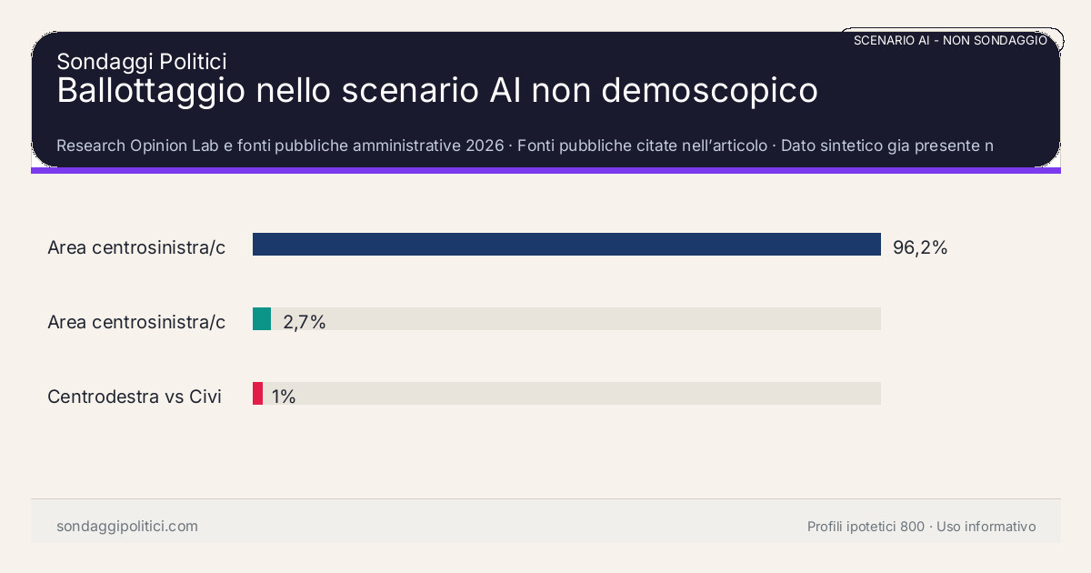NON È UN SONDAGGIO Research Opinion Lab e fonti pubbliche amministrative 2026 Dato sintetico gia presente nell’articolo, da leggere con il disclaimer dello scenario.: Ballottaggio nello scenario AI non demoscopico. Risultati: Area centrosinistra/continuità civica vs Cent... 96,2%, Area centrosinistra/continuità civica vs Civi... 2,7%, Centrodestra vs Civici welfare e quartieri 1%. Scenario AI non demoscopico: non misura intenzioni di voto e non e una previsione elettorale.