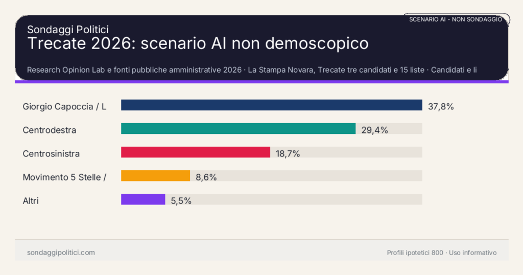 NON È UN SONDAGGIO Research Opinion Lab e fonti pubbliche amministrative 2026 Candidati e liste post-deposito: Trecate 2026: scenario AI non demoscopico. Risultati: Giorgio Capoccia / La Svolta e liste collegate 37,8%, Centrodestra 29,4%, Centrosinistra 18,7%. Scenario AI non demoscopico: non è un sondaggio, non misura intenzioni di voto e non costituisce pronostico.