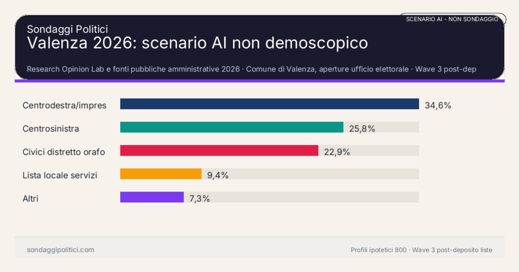 NON È UN SONDAGGIO Research Opinion Lab e fonti pubbliche amministrative 2026 Wave 3 post-deposito liste: Valenza 2026: scenario AI non demoscopico. Risultati: Centrodestra/impresa locale 34,6%, Centrosinistra 25,8%, Civici distretto orafo 22,9%. Scenario AI non demoscopico: non è un sondaggio, non misura intenzioni di voto e non costituisce pronostico.