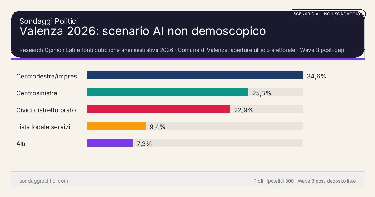 NON È UN SONDAGGIO Research Opinion Lab e fonti pubbliche amministrative 2026 Wave 3 post-deposito liste: Valenza 2026: scenario AI non demoscopico. Risultati: Centrodestra/impresa locale 34,6%, Centrosinistra 25,8%, Civici distretto orafo 22,9%. Scenario AI non demoscopico: non è un sondaggio, non misura intenzioni di voto e non costituisce pronostico.