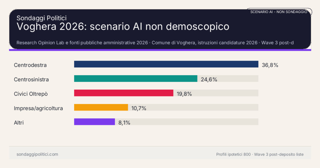 NON È UN SONDAGGIO Research Opinion Lab e fonti pubbliche amministrative 2026 Wave 3 post-deposito liste: Voghera 2026: scenario AI non demoscopico. Risultati: Centrodestra 36,8%, Centrosinistra 24,6%, Civici Oltrepò 19,8%. Scenario AI non demoscopico: non è un sondaggio, non misura intenzioni di voto e non costituisce pronostico.