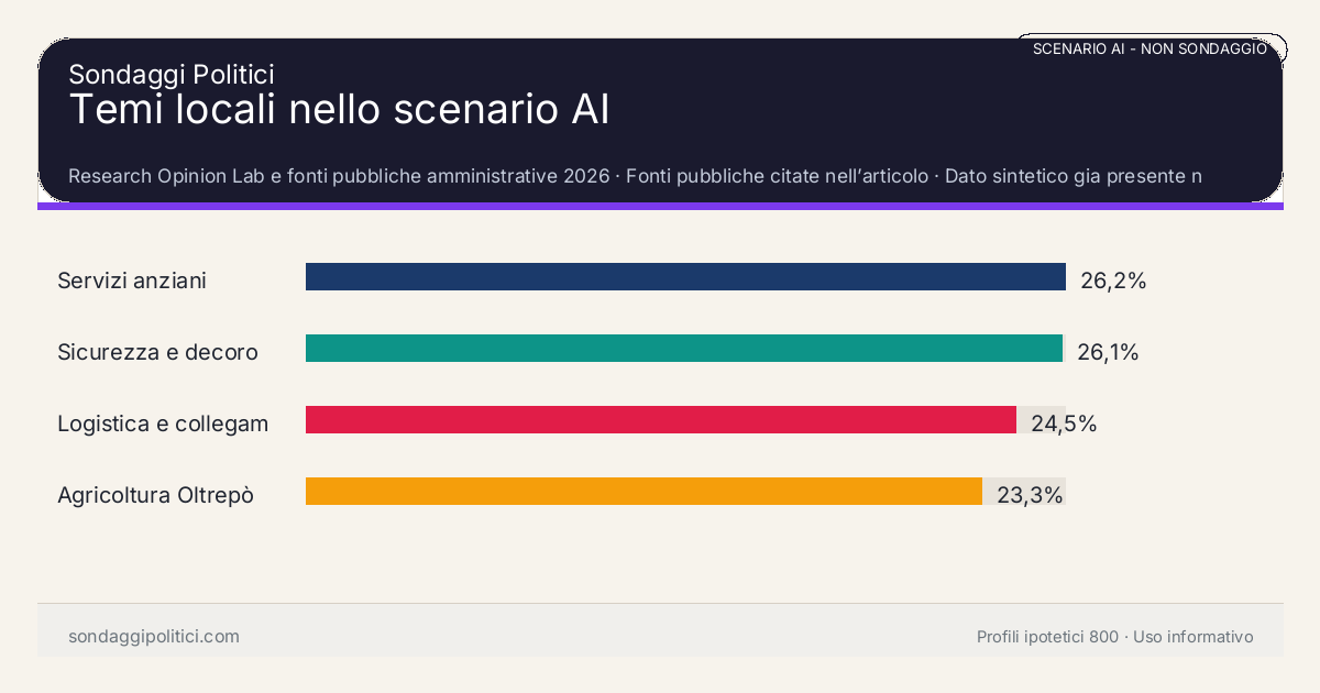 NON È UN SONDAGGIO Research Opinion Lab e fonti pubbliche amministrative 2026 Dato sintetico gia presente nell’articolo, da leggere con il disclaimer dello scenario.: Temi locali nello scenario AI. Risultati: Servizi anziani 26,2%, Sicurezza e decoro 26,1%, Logistica e collegamenti 24,5%. Scenario AI non demoscopico: non misura intenzioni di voto e non e una previsione elettorale.