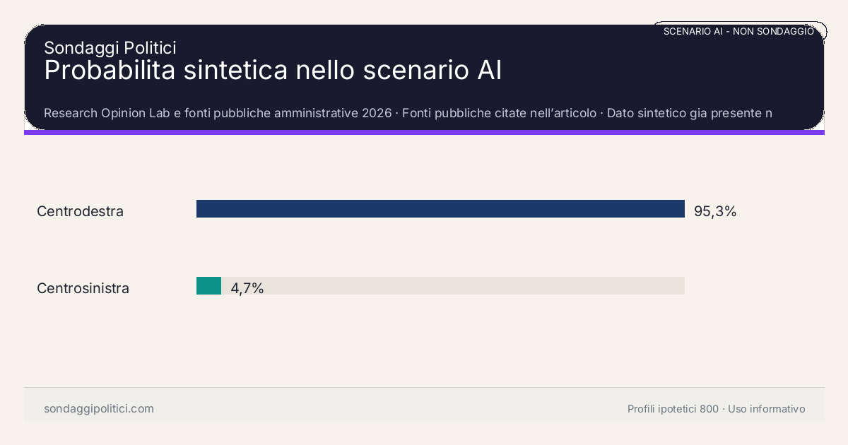 NON È UN SONDAGGIO Research Opinion Lab e fonti pubbliche amministrative 2026 Dato sintetico gia presente nell’articolo, da leggere con il disclaimer dello scenario.: Probabilita sintetica nello scenario AI. Risultati: Centrodestra 95,3%, Centrosinistra 4,7%. Scenario AI non demoscopico: non misura intenzioni di voto e non e una previsione elettorale.