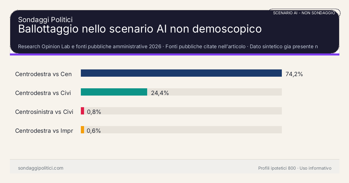NON È UN SONDAGGIO Research Opinion Lab e fonti pubbliche amministrative 2026 Dato sintetico gia presente nell’articolo, da leggere con il disclaimer dello scenario.: Ballottaggio nello scenario AI non demoscopico. Risultati: Centrodestra vs Centrosinistra 74,2%, Centrodestra vs Civici Oltrepò 24,4%, Centrosinistra vs Civici Oltrepò 0,8%. Scenario AI non demoscopico: non misura intenzioni di voto e non e una previsione elettorale.