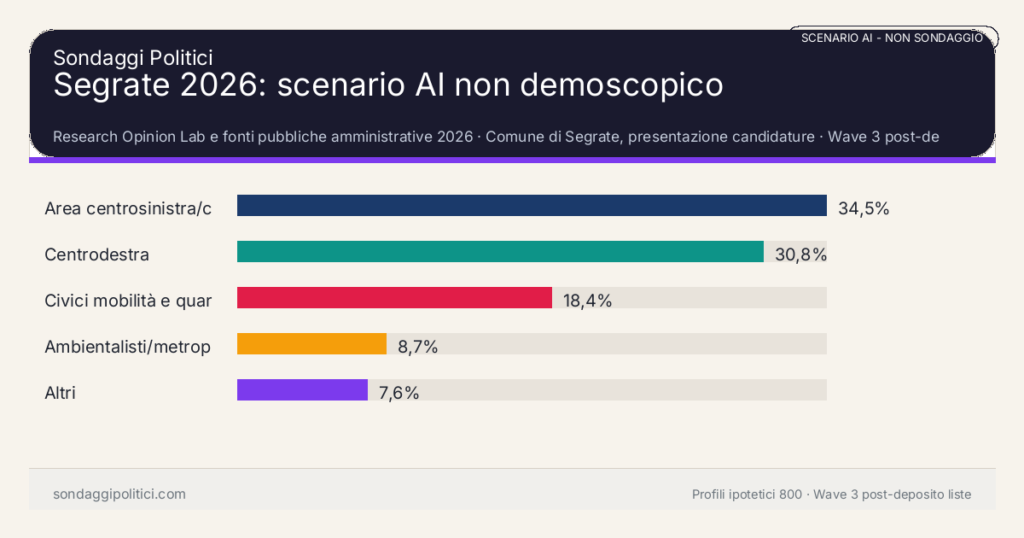 NON È UN SONDAGGIO Research Opinion Lab e fonti pubbliche amministrative 2026 Wave 3 post-deposito liste: Segrate 2026: scenario AI non demoscopico. Risultati: Area centrosinistra/civica 34,5%, Centrodestra 30,8%, Civici mobilità e quartieri 18,4%. Scenario AI non demoscopico: non è un sondaggio, non misura intenzioni di voto e non costituisce pronostico.