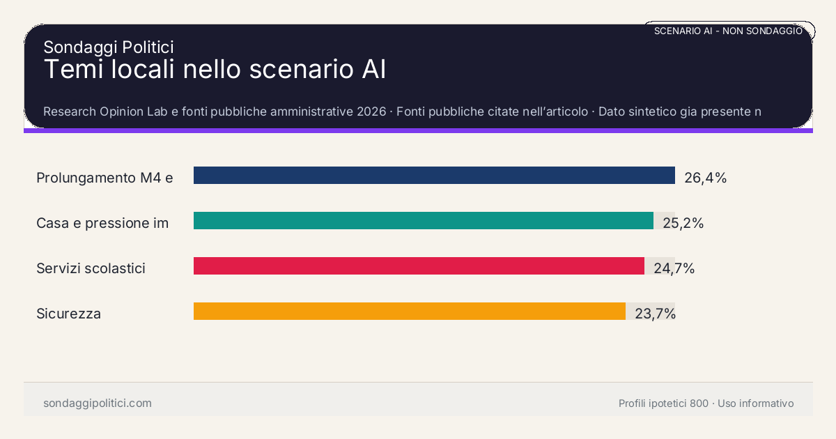 NON È UN SONDAGGIO Research Opinion Lab e fonti pubbliche amministrative 2026 Dato sintetico gia presente nell’articolo, da leggere con il disclaimer dello scenario.: Temi locali nello scenario AI. Risultati: Prolungamento M4 e trasporti 26,4%, Casa e pressione immobiliare 25,2%, Servizi scolastici 24,7%. Scenario AI non demoscopico: non misura intenzioni di voto e non e una previsione elettorale.