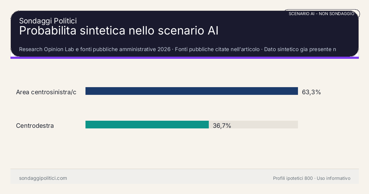 NON È UN SONDAGGIO Research Opinion Lab e fonti pubbliche amministrative 2026 Dato sintetico gia presente nell’articolo, da leggere con il disclaimer dello scenario.: Probabilita sintetica nello scenario AI. Risultati: Area centrosinistra/civica 63,3%, Centrodestra 36,7%. Scenario AI non demoscopico: non misura intenzioni di voto e non e una previsione elettorale.