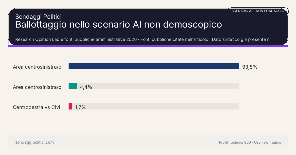 NON È UN SONDAGGIO Research Opinion Lab e fonti pubbliche amministrative 2026 Dato sintetico gia presente nell’articolo, da leggere con il disclaimer dello scenario.: Ballottaggio nello scenario AI non demoscopico. Risultati: Area centrosinistra/civica vs Centrodestra 93,8%, Area centrosinistra/civica vs Civici mobilità... 4,4%, Centrodestra vs Civici mobilità e quartieri 1,7%. Scenario AI non demoscopico: non misura intenzioni di voto e non e una previsione elettorale.