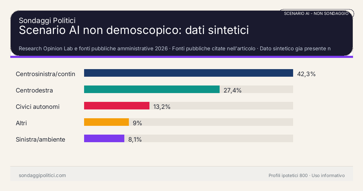 NON È UN SONDAGGIO Research Opinion Lab e fonti pubbliche amministrative 2026 Dato sintetico gia presente nell’articolo, da leggere con il disclaimer dello scenario.: Scenario AI non demoscopico: dati sintetici. Risultati: Centrosinistra/continuità 42,3%, Centrodestra 27,4%, Civici autonomi 13,2%. Scenario AI non demoscopico: non misura intenzioni di voto e non e una previsione elettorale.